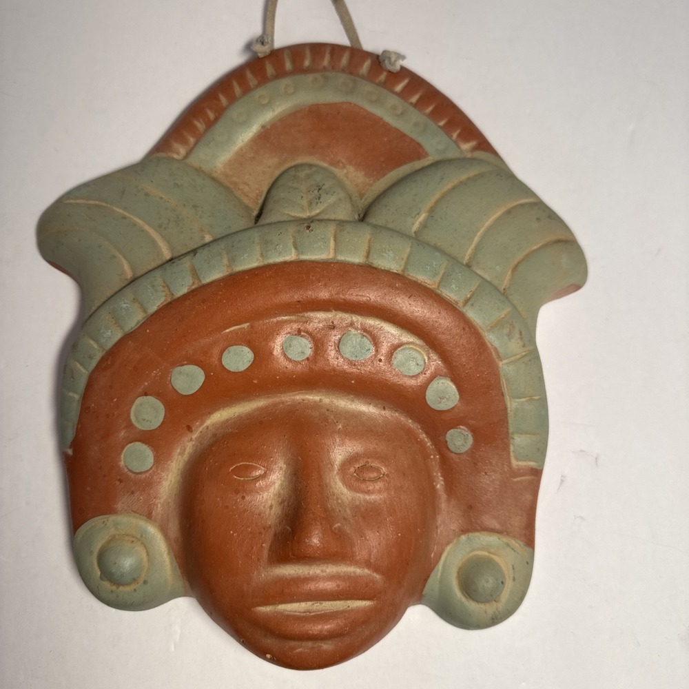 VTG Mexican Warrior Tolteca Hanging Terracotta Face‎ Mask Boho Decor Yard Art